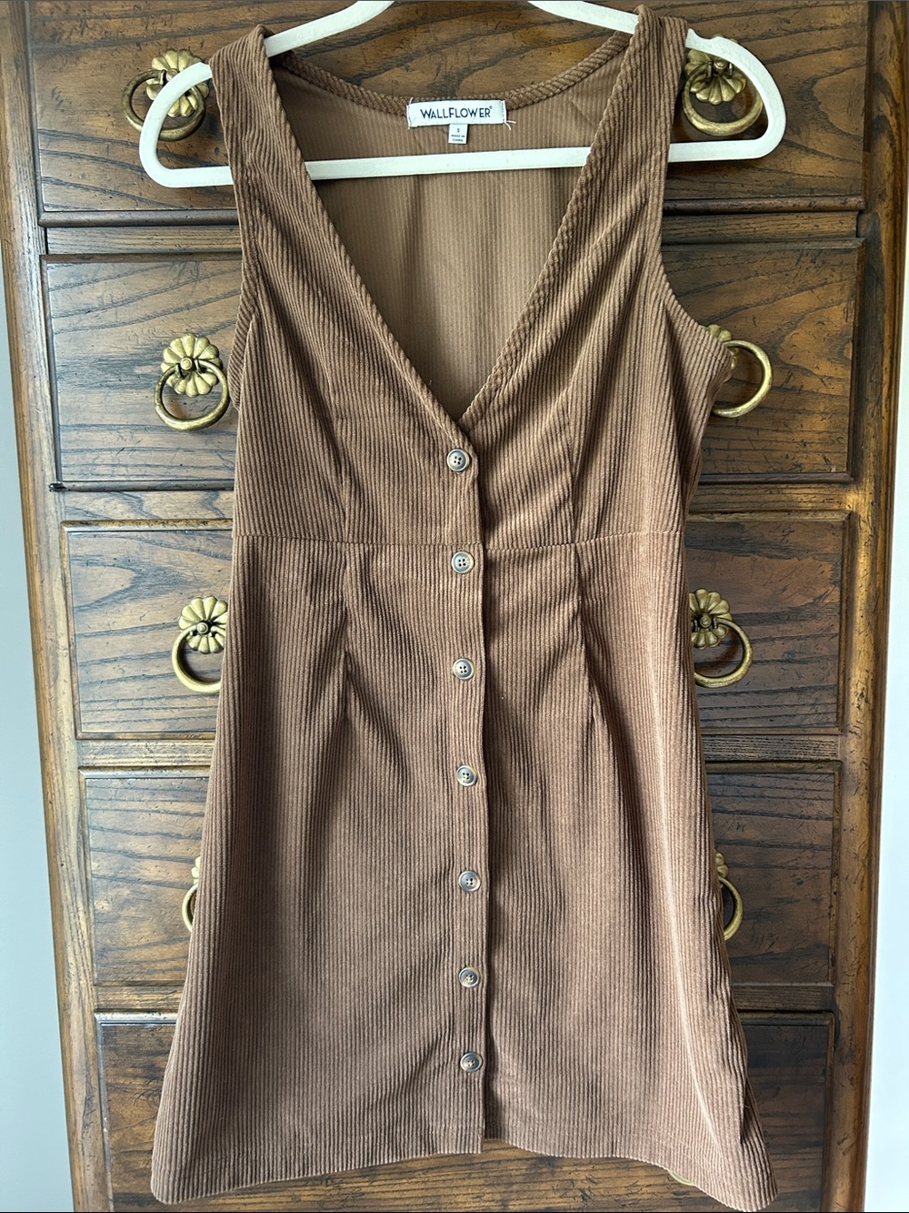 Wallflower Brown Corduroy Button-Down Jumper Mini Dress, Size S